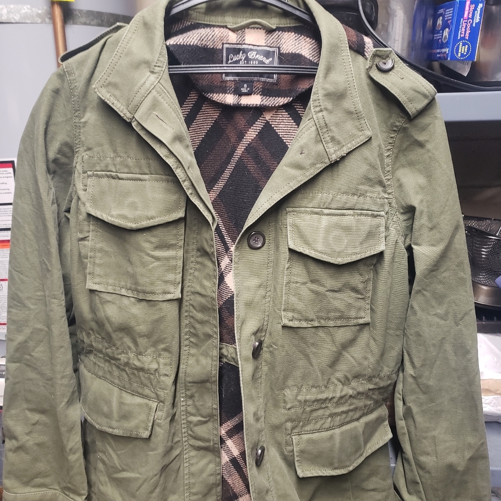 Lucky brand olive green & plaid polyester field jacket size Small
